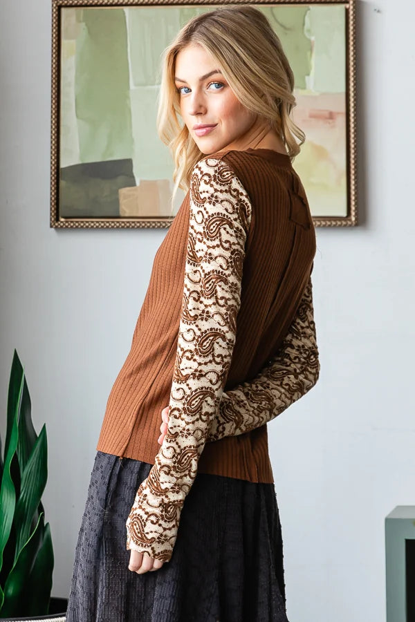 Henley Neck Printed Lace Sleeve Top Brown
