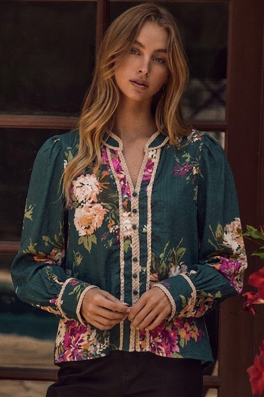 Trim Detailed Floral Buttoned Blouse Green Multi