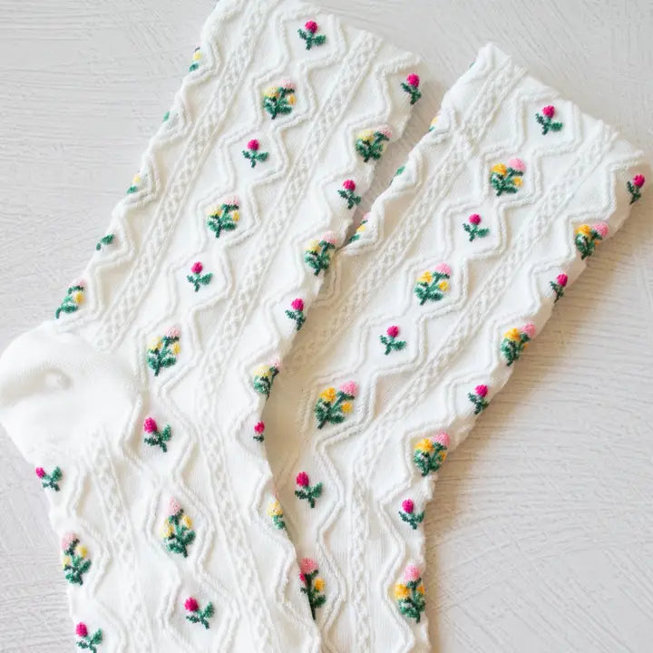 Romantic Floral Casual Socks White