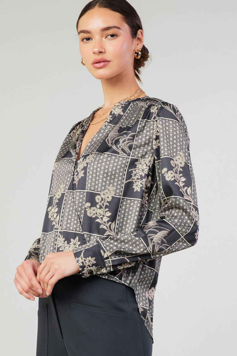 Floral Mix Square Tiles Surplice Blouse Black Taupe Multi