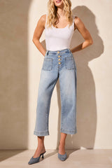 Audrey Hugging Button Fly Wide Crop Jeans Sanded Blue