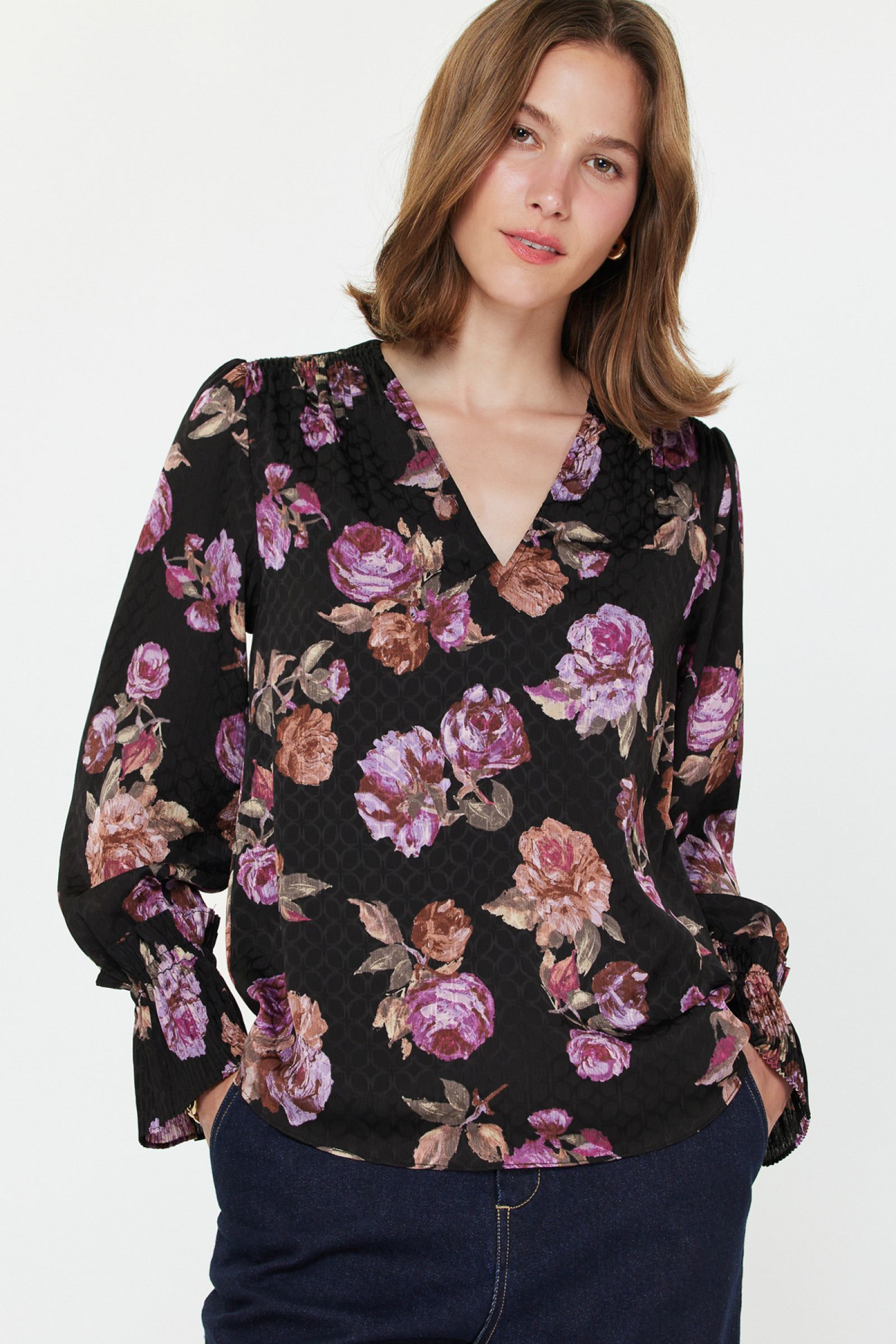 Smoked Floral Printed V-Neck Blouse Black Purple MLT