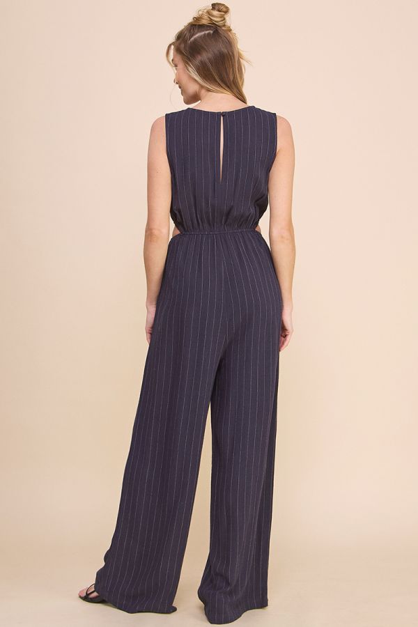 Pinstripe Linen Cut Out Vneck Jumpsuit Navy Stripe