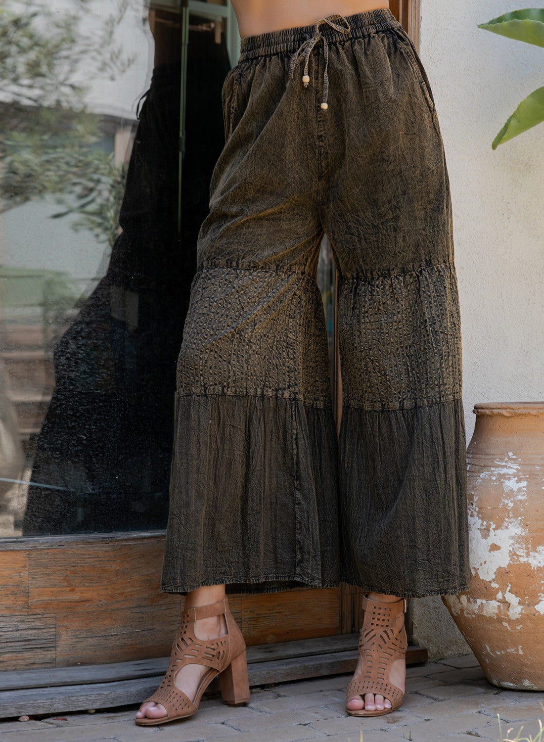 Boho Chic Tiered Patch Inserted Denim Pants Amber