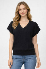 Vneck Dolman Short Sleeve Sweater Top Black