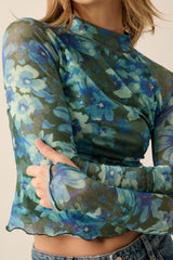 High Neck Lettuce Edge Floral Crop Mesh top Green Blue