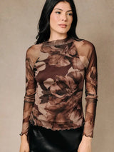 Mock Neck Long Sleeve Mesh Top Brown Floral