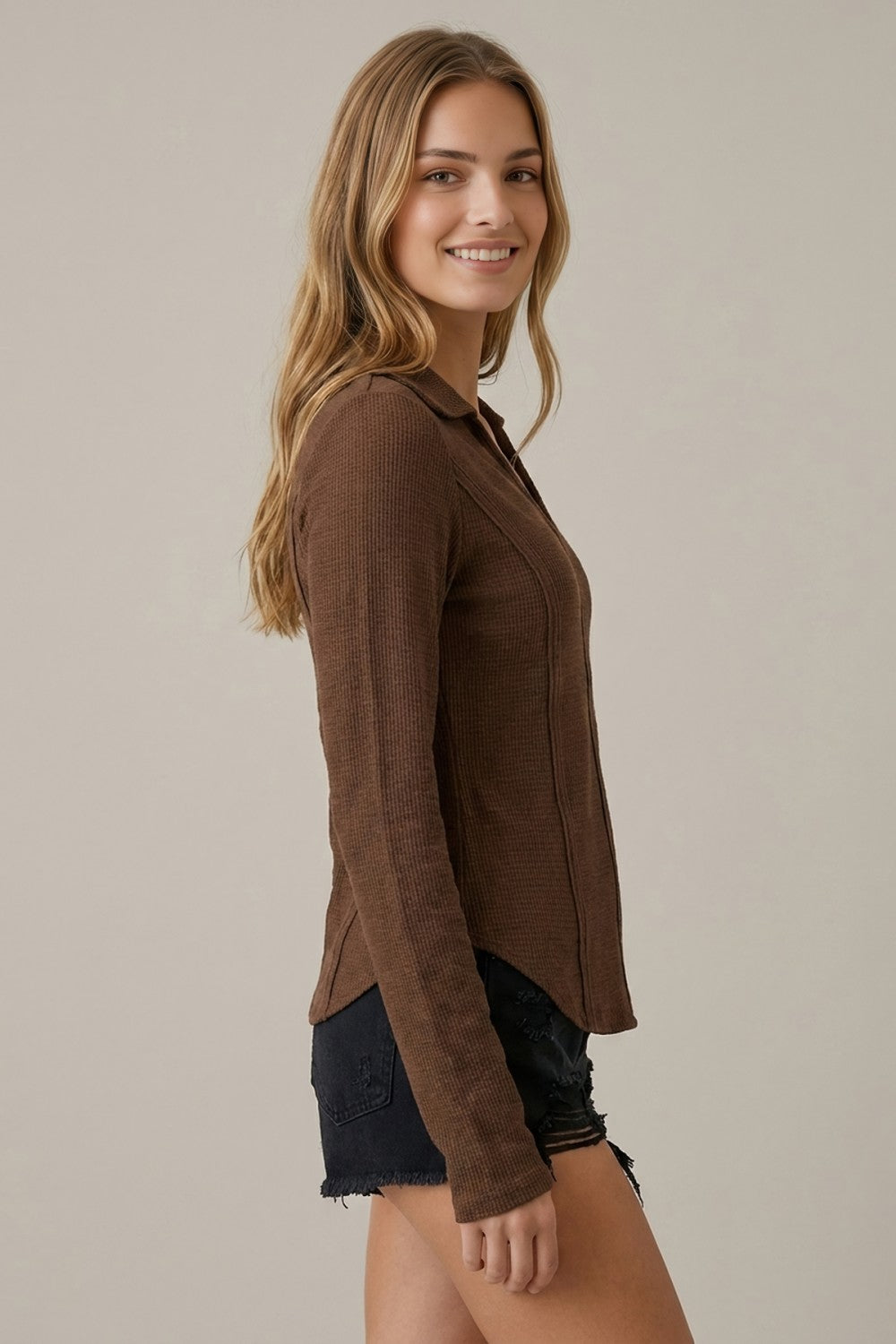 Stitched Out Seam Detail Long Sleeve Collared TOp Brown