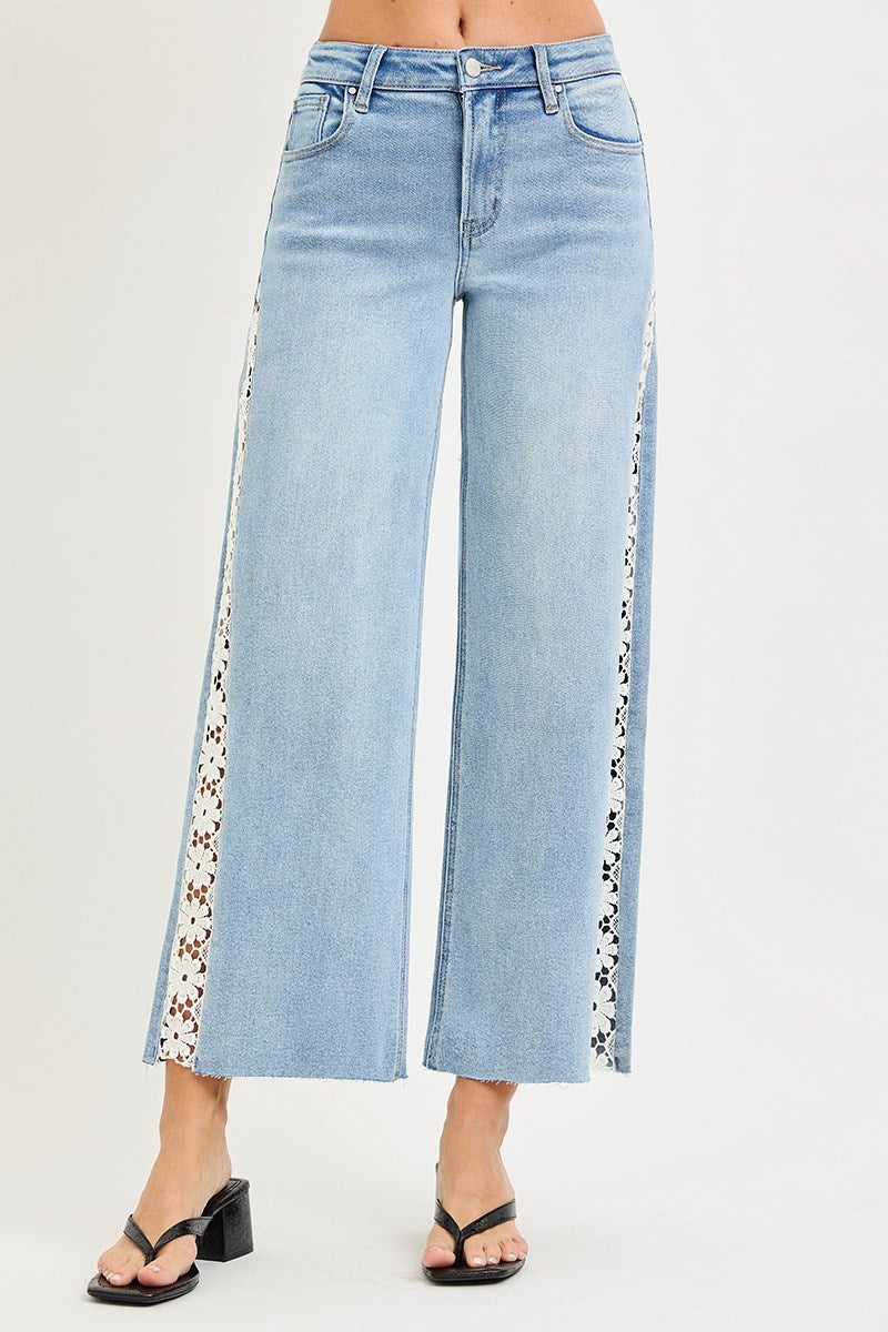 High Rise Crop Wide Flower Lace Jeans Light