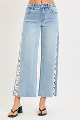 High Rise Crop Wide Flower Lace Jeans Light