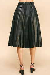 Leather Pleated Tab Waist Midi Skirt Black