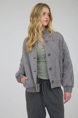 Washed Quilted Button Down Jacket Charcoal
