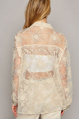 Floral Lace Trim Point Button Down Shirt Natural