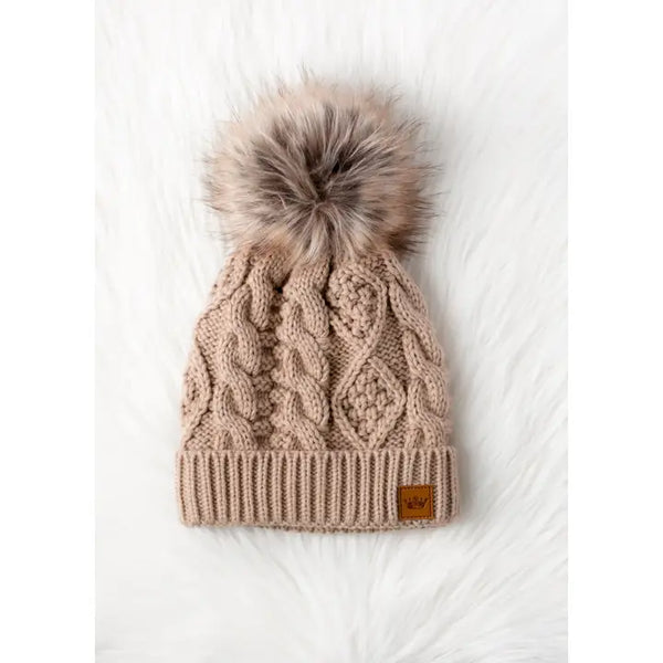 Cable Knit Natural Pom Hat Taupe
