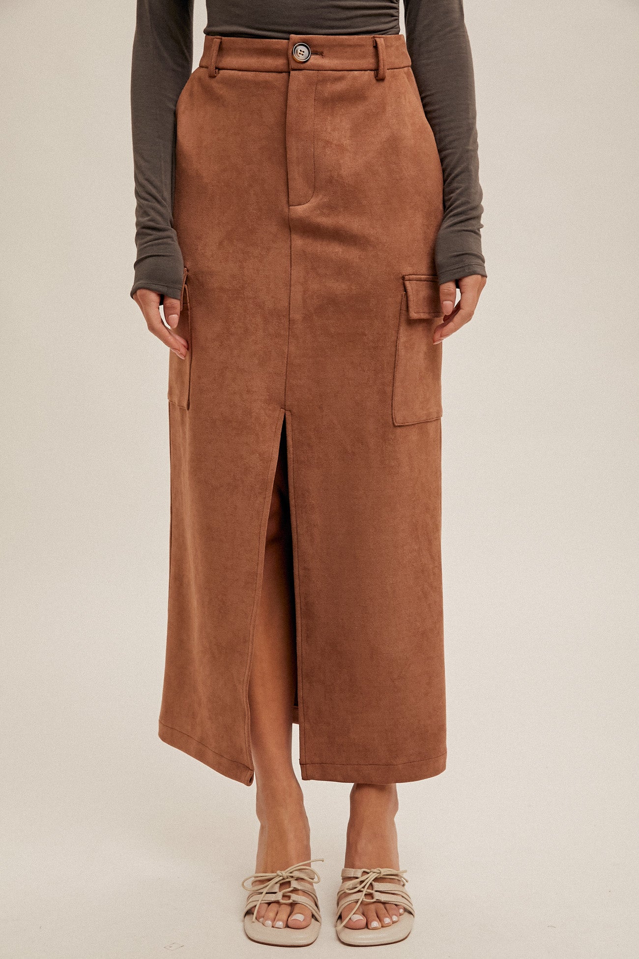 Suede Front Slit Midi Skirt Camel