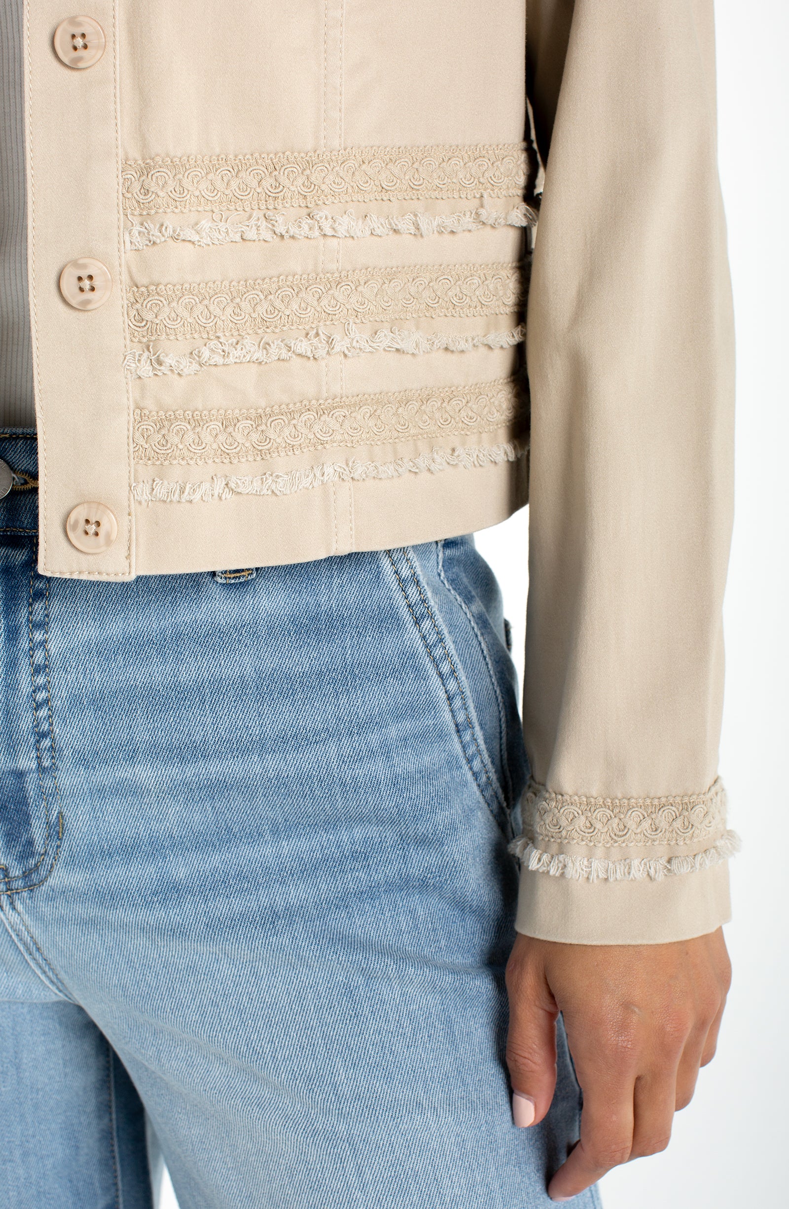 Fray Lace Detail Trucker Jacket Safari Sand