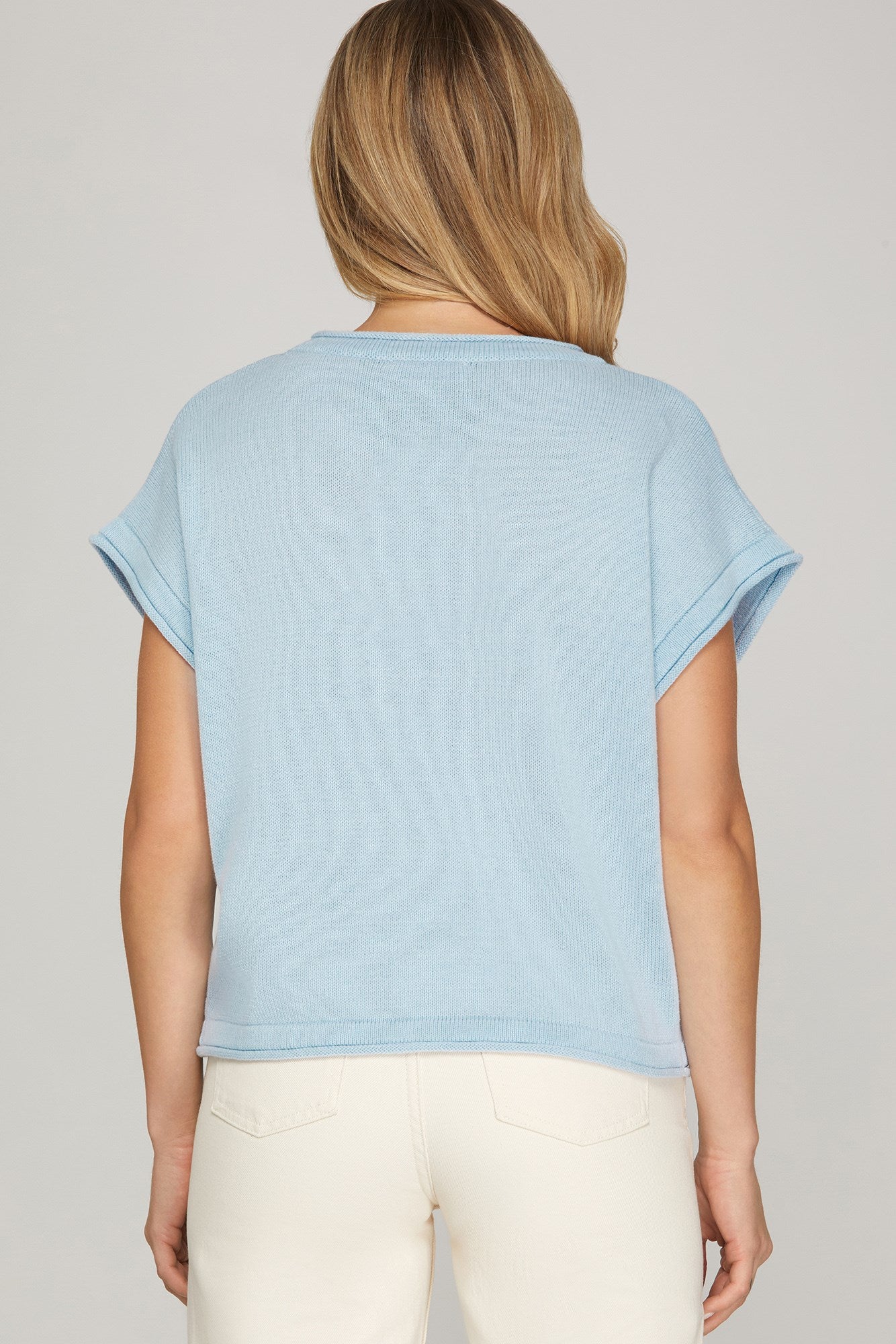 Lemon Knit Drop Sleeve Sweater Top Light Blue