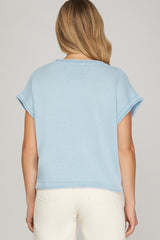 Lemon Knit Drop Sleeve Sweater Top Light Blue