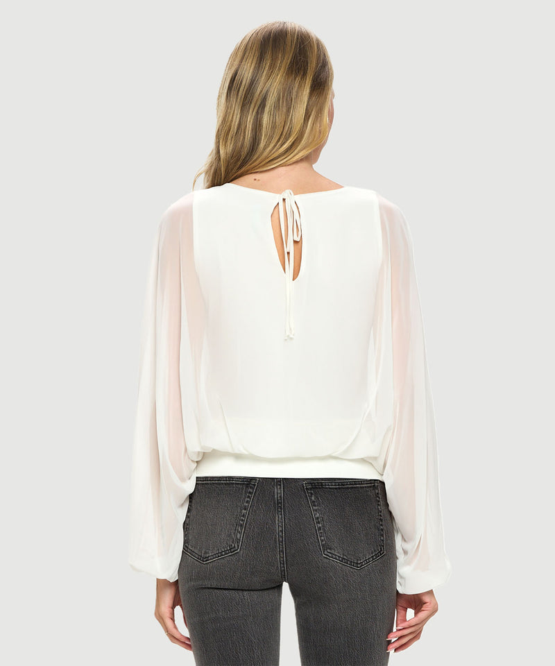 Chiffon Batwing Back Tie Banded Waist Top Ivory