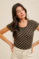 Floral Lace Cabbage Hem Tee Black