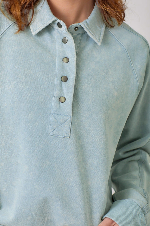 Collared Button Neck Terry Long Sleeve Top Washed Pale Blue