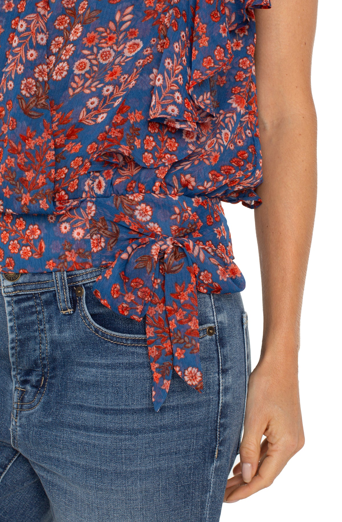Ruffle Sleeve Drape Front Waist Tie Top Blue Pink Floral