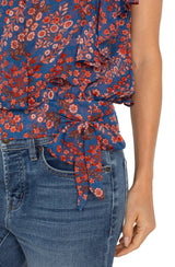 Ruffle Sleeve Drape Front Waist Tie Top Blue Pink Floral