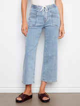 Patch Pocket Drawstring Wide Leg Denim Pants Soft Blue