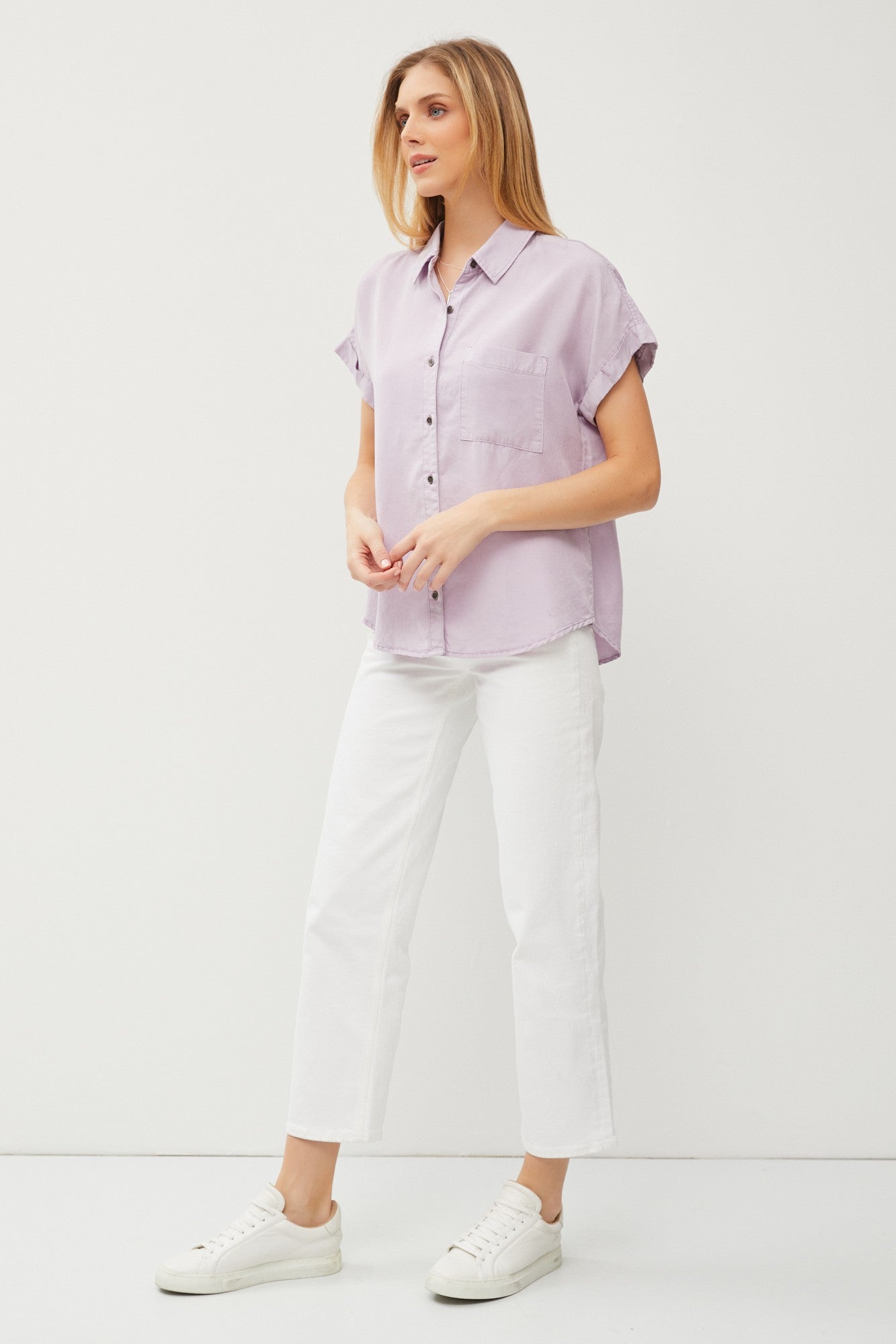 Tencel Short Sleeve Button Down Shirt Lavender