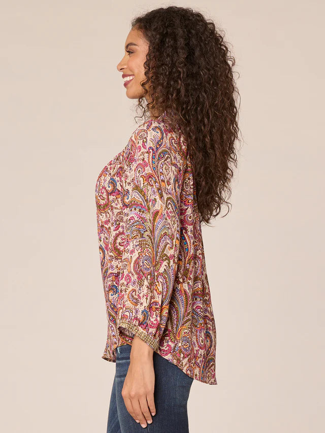 3/4 Blouson Sleeve Ruffle Edge Beaded Detail Top Sage + Berry Multi