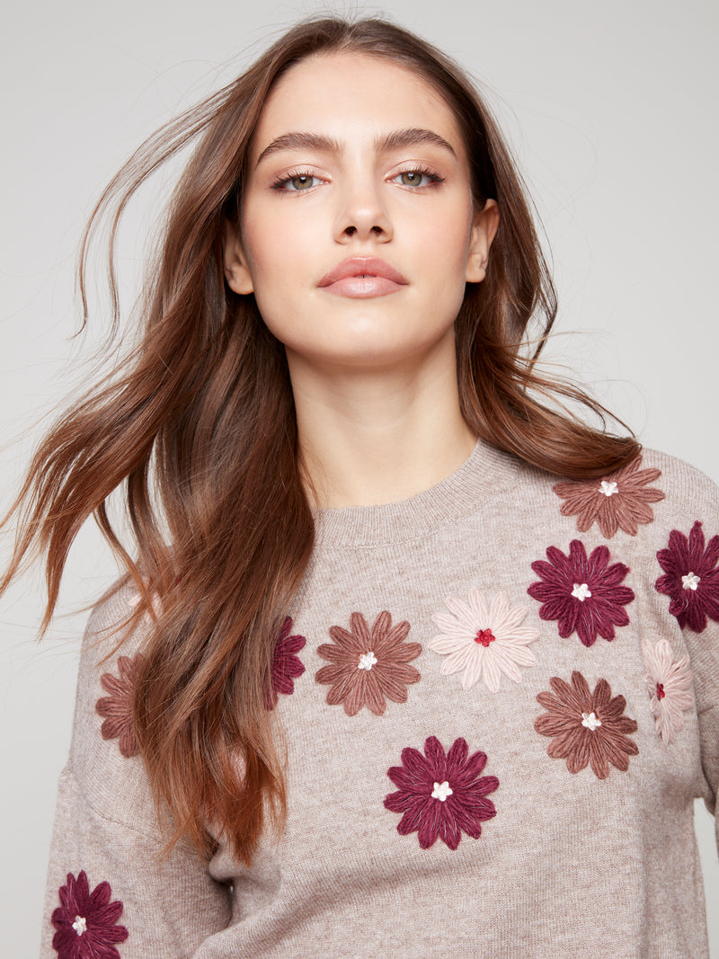 Floral Embroidery Crew Neck Sweater Heather Taupe