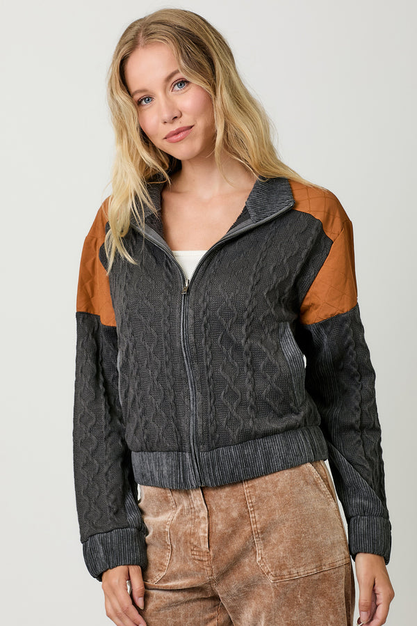 Quilted Knit Zip Mix Media Bomber Jacket Charcoal Mix