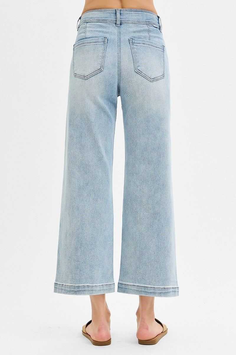 Wooden Buckle Belted High Rise Crop Wide Leg Jeans Light