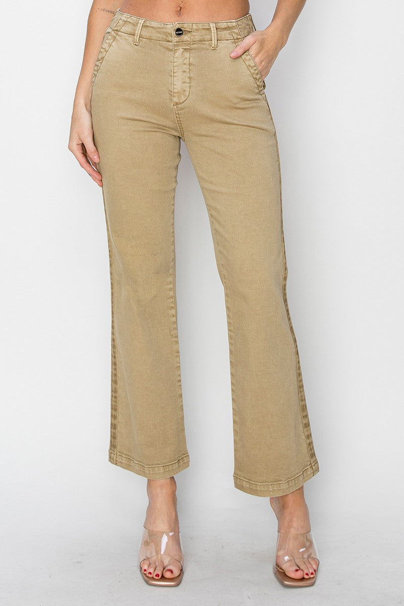 High Rise Side Twill Tape Detail Straight Pants Sand