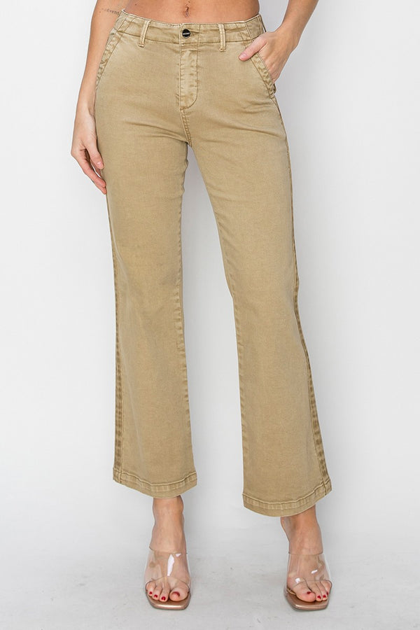 High Rise Side Twill Tape Detail Straight Pants Sand