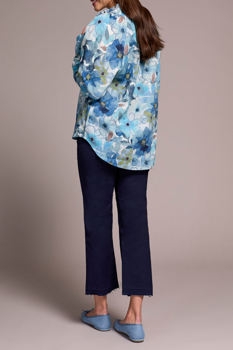 Smocked Details Vneck Blouse Slate Blue