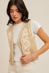 Embroidered Open Sweater Vest Olive