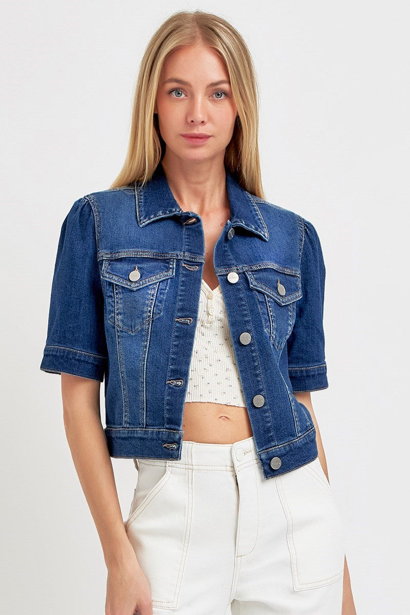 Puffed Short Sleeve Crop Denim Jacket Dark