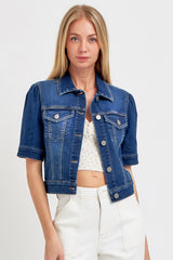 Puffed Short Sleeve Crop Denim Jacket Dark