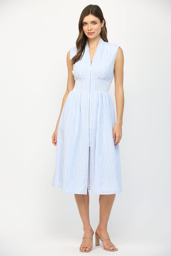 Vertical Striped Front Zip Midi Dress Blue + White
