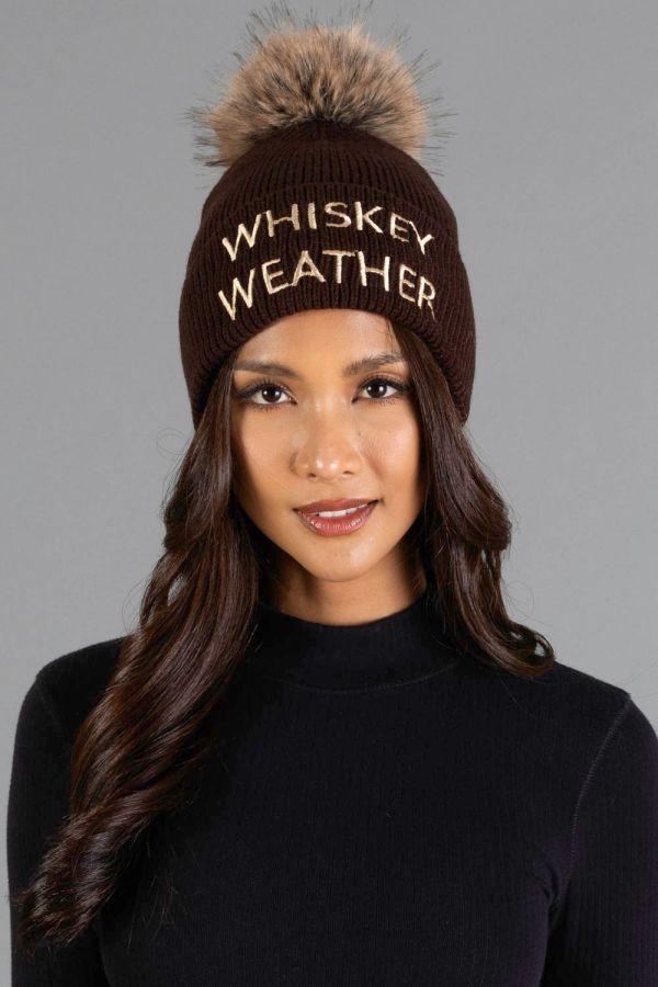 Whiskey Weather Embroidered Pom Hat Dark Brown
