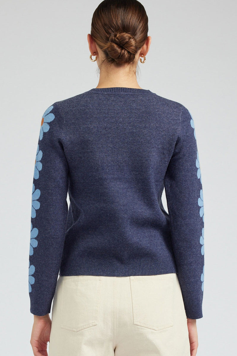 Flower Sleeve Crew Neck Sweater Navy