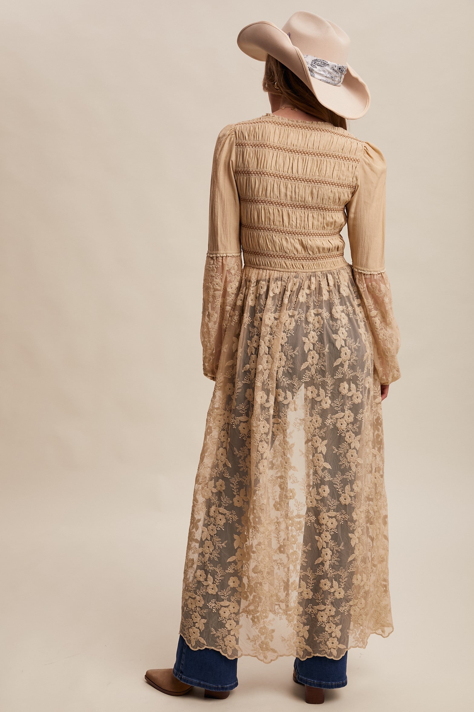 Lace-Up Embroidered Maxi Kimono Taupe