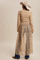 Lace-Up Embroidered Maxi Kimono Taupe