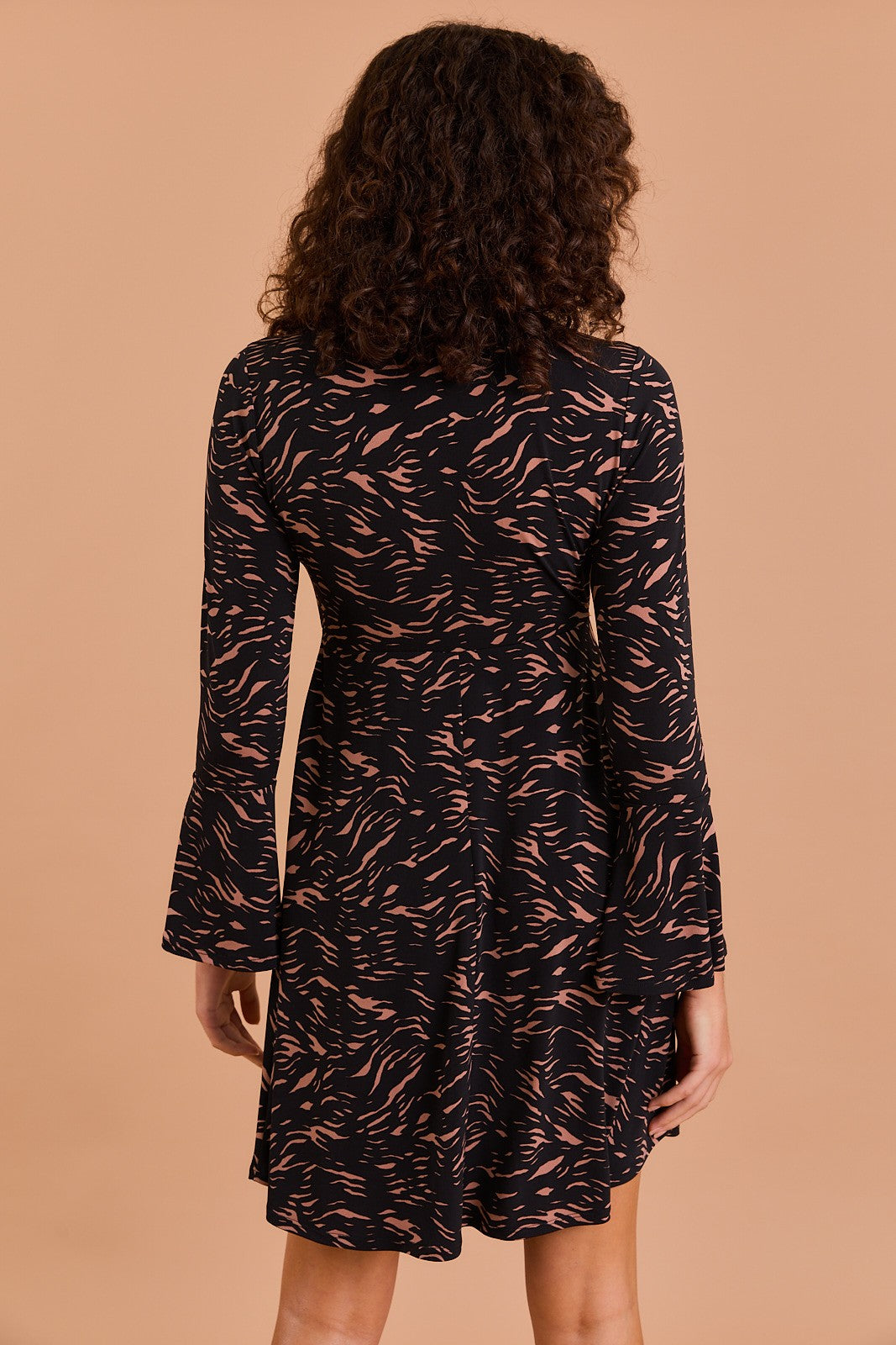 Ruched Neck 3/4 Bell Cuff Sleeve Abstract Mini Dress Black + Cream