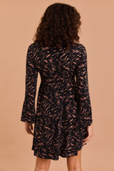Ruched Neck 3/4 Bell Cuff Sleeve Abstract Mini Dress Black + Cream