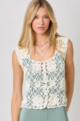 Floral Crochet Buttoned Vest Ivory