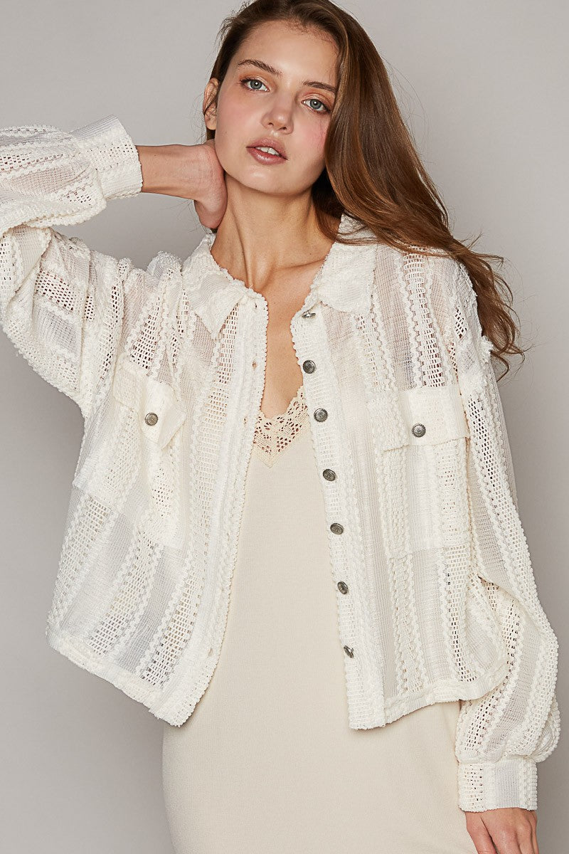 Striped Lace Crochet Front Pocket Shacket Cream