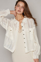 Striped Lace Crochet Front Pocket Shacket Cream