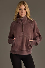 Cropped Funnel Neck 1/4 Zip Sweatshirt Brown
